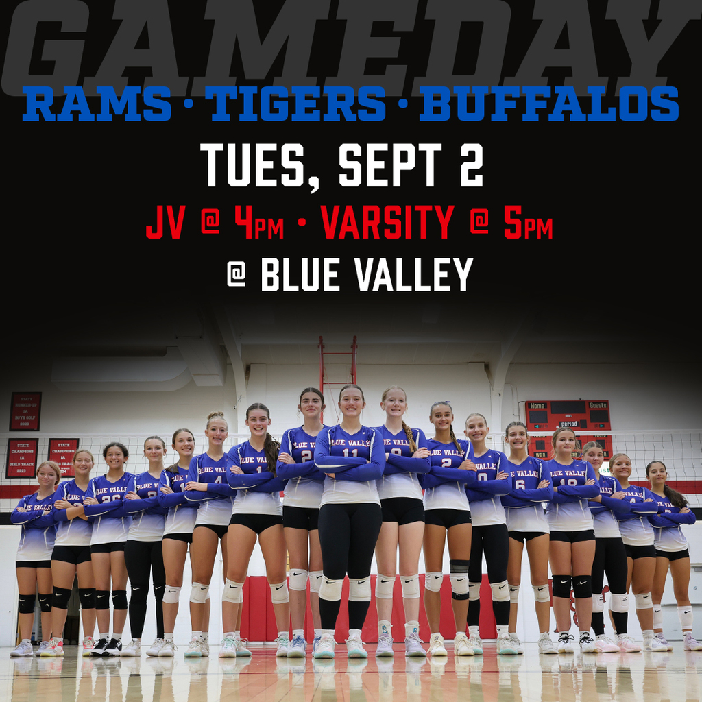 Blue Valley Rams volleyball team lined up on the court.