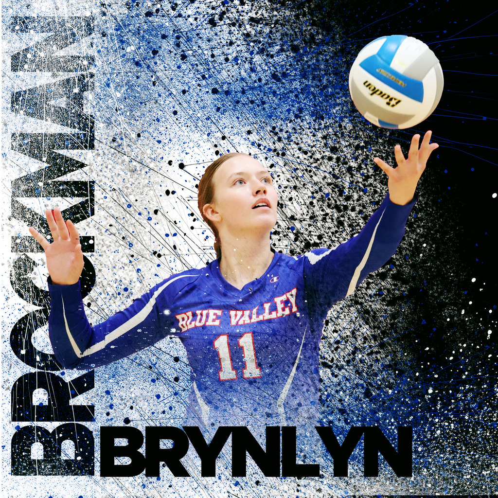 Photo of senior Brynlyn Brockman serving a volleyball.
