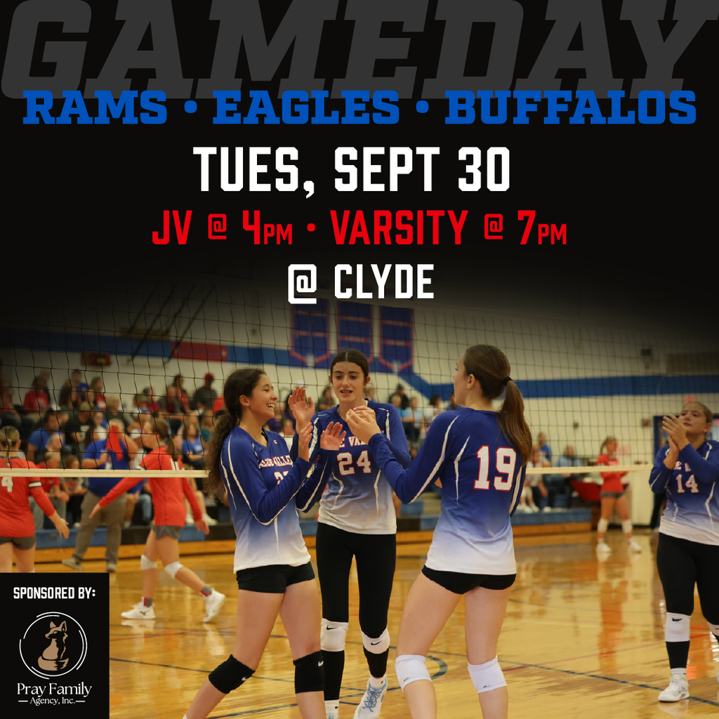 Volleyball graphic: Tuesday, September 30, JV at 4pm and varsity at 7pm at Clyde