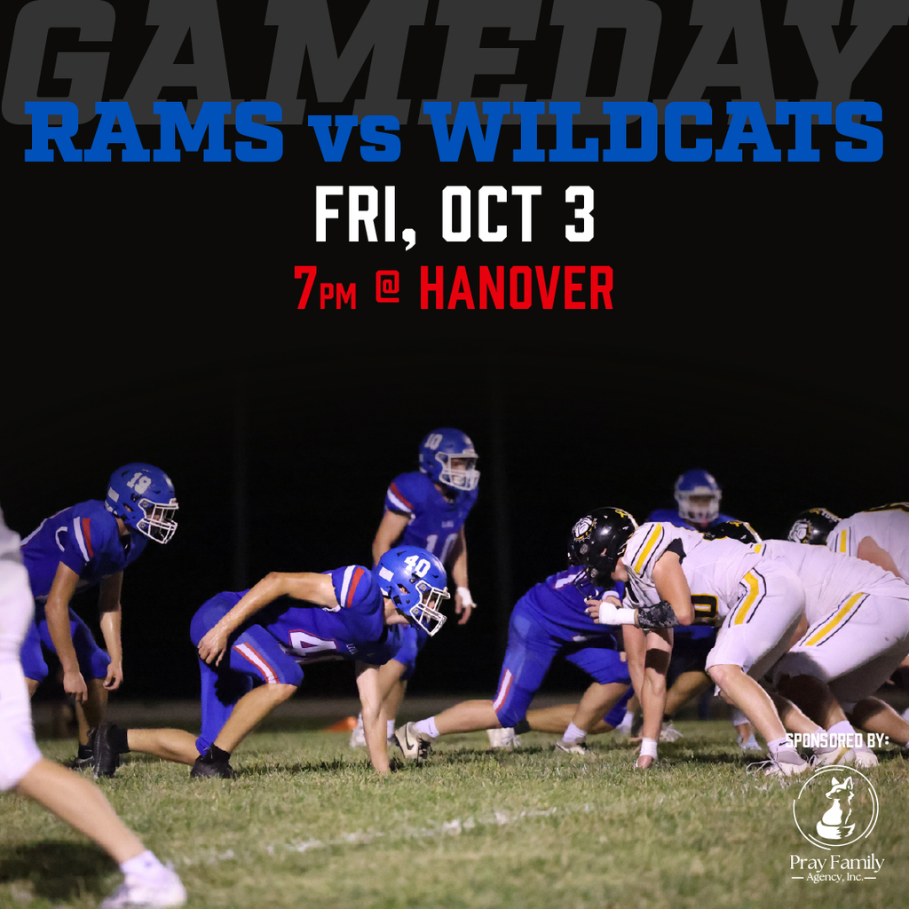 Football graphic: Rams vs Wildcats, Friday, October 3, 7pm at Hanover