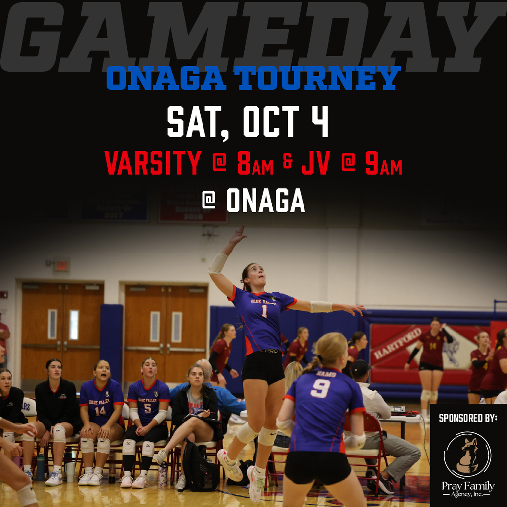 Volleyball graphic: Onaga Tournament, Saturday, October 4, Varsity at 8am and JV at 9am at Onaga