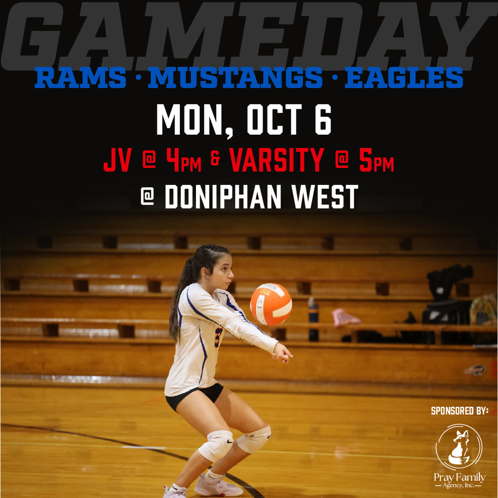 Volleyball graphic: Monday, October 6, JV at 4pm and Varsity at 5pm at Doniphan West