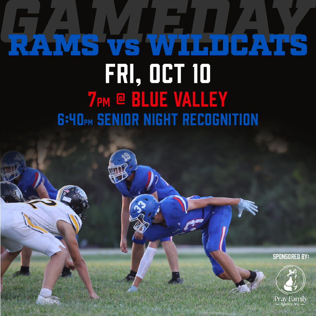 Football graphic: Rams vs Wildcats, Friday, October 10, 7pm at Blue Valley