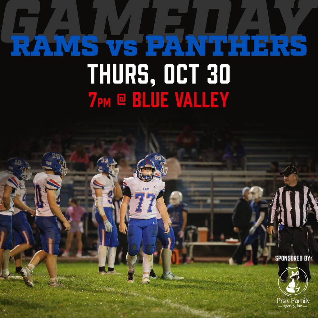Football graphic: Rams vs Panthers, Thursday, October 30, 7pm at Blue Valley