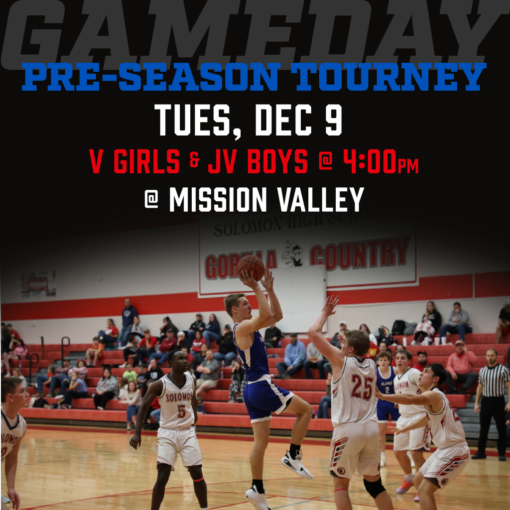 Basketball graphic: Pre-Season Tournament, Tuesday, December 9, 4pm at Mission Valley
