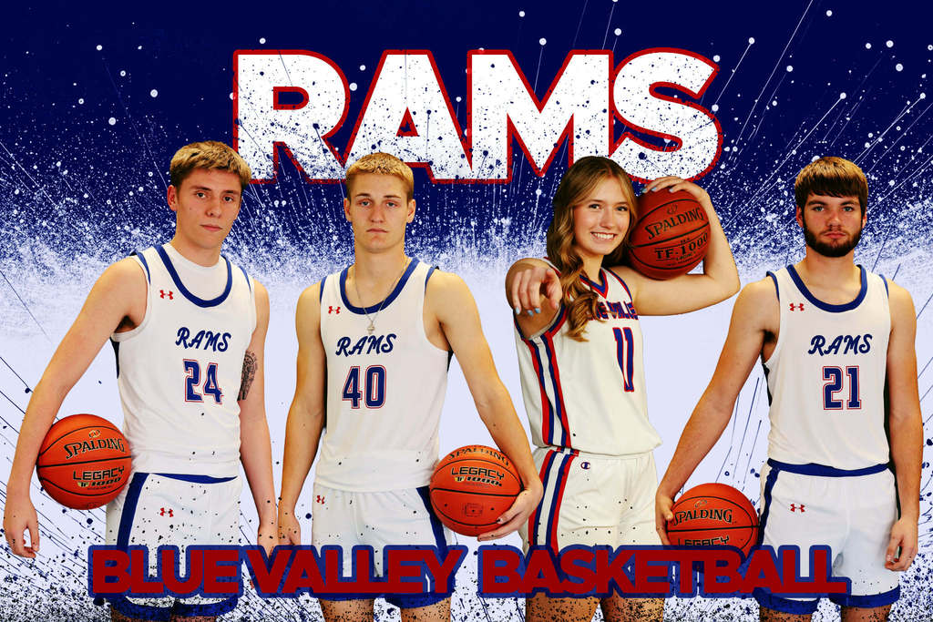 A photo of 4 high school students in basketball uniforms.