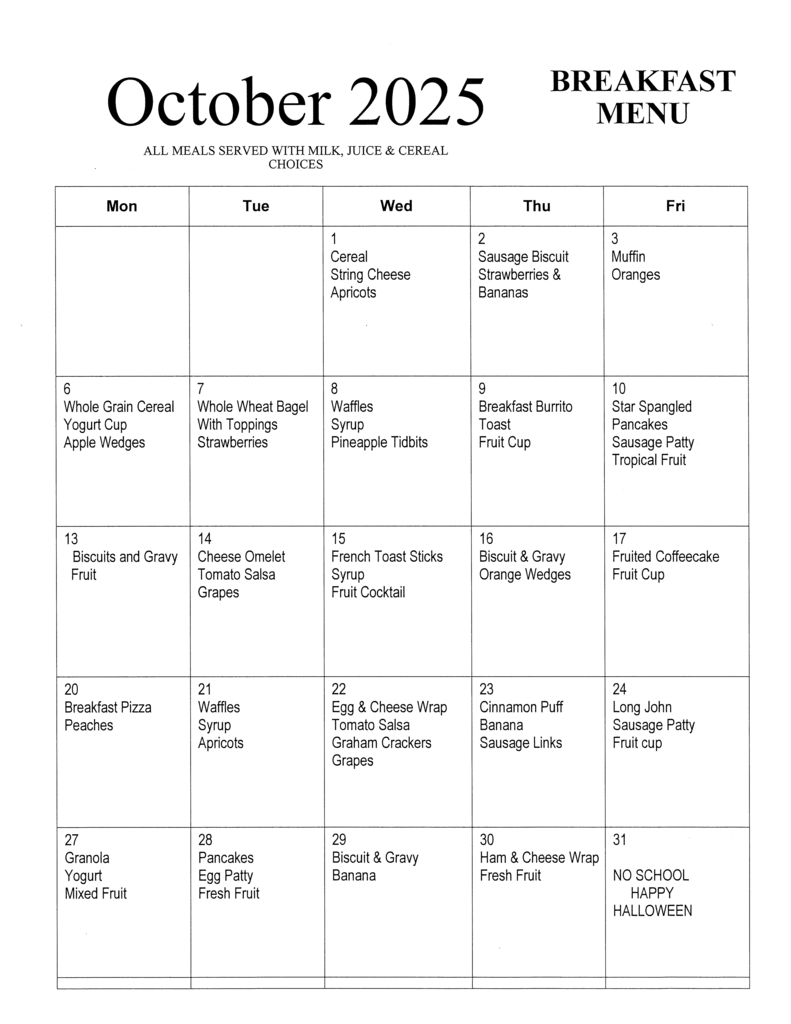 October Breakfast Menu