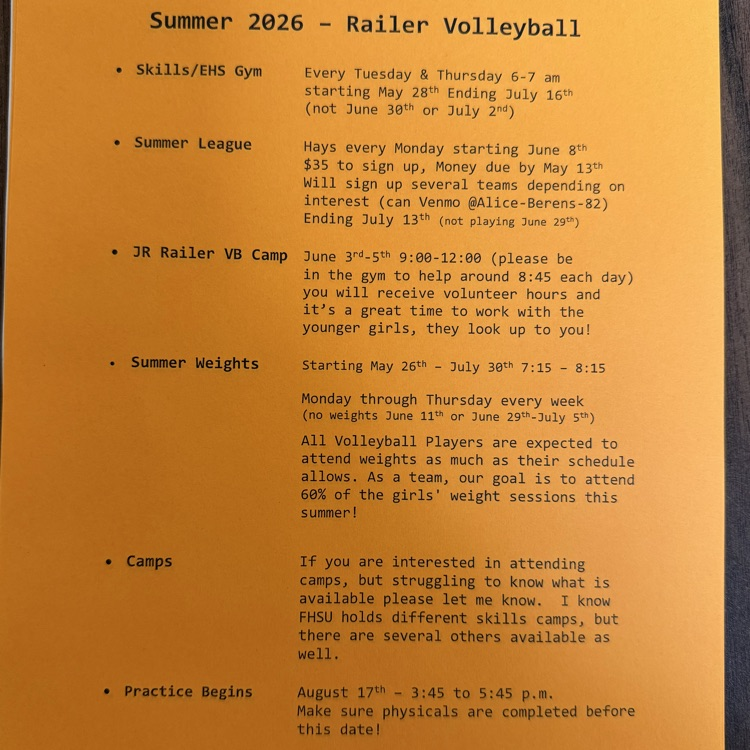HS VB Summer Schedule 