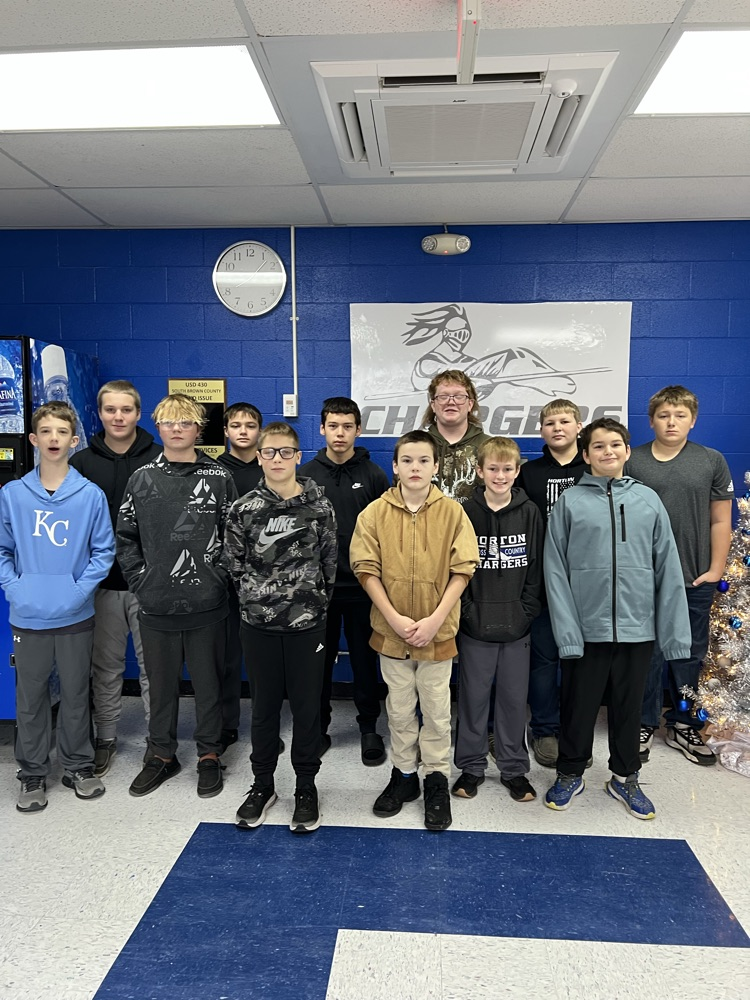 Charger Wrestling Team(back row) Wade D, Mason M, Alfie C, Karson L, Braden W, Bentley B (front row) Cash J, Kasen C, Easton D, Dom C, Joe S, Korben G