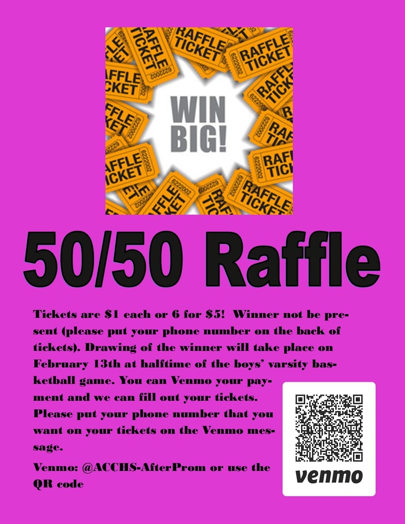 Purple background with white text. "50/50 Raffle" at top. QR code at bottom. Raffle ticket images surround text.
