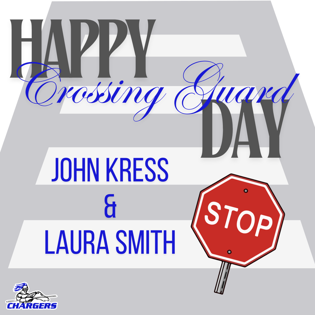 Text on a gray background: "HAPPY Crossing Guard DAY" with "JOHN KRESS & LAURA SMITH" below. A red stop sign with white letters is positioned on a crosswalk.