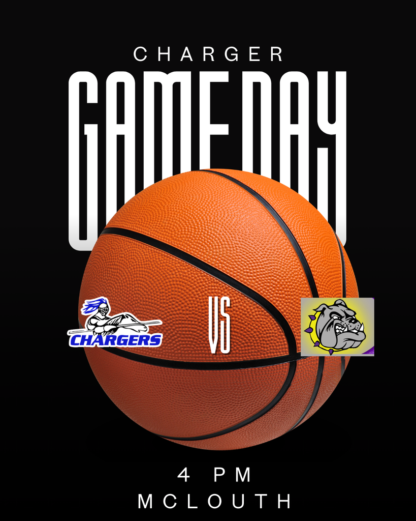 Black background with text "Charger Game Day" and an orange basketball. Logos of Chargers and Bullsdogs next to the ball. Game time is 4 PM.