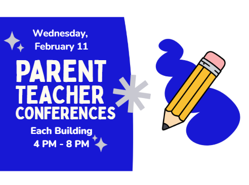 Blue banner with white text: "Parent Teacher Conferences". Below it, a pencil with an eraser and blue outline.