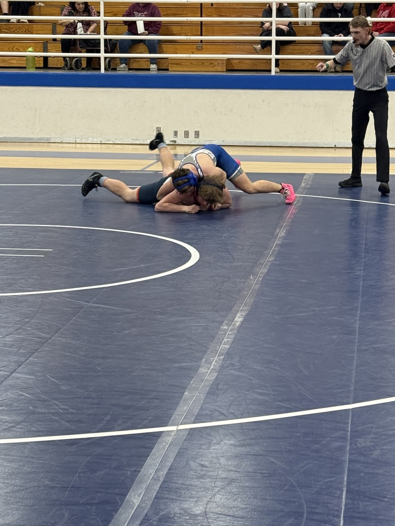 Two wrestlers on a blue mat, one on top of the other. A referee stands nearby. Audience in the background.