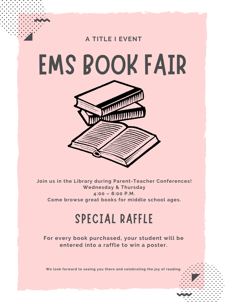 Pink poster with a title "EMS Book Fair" and illustration of stacked books. Text details the event time and raffle.
