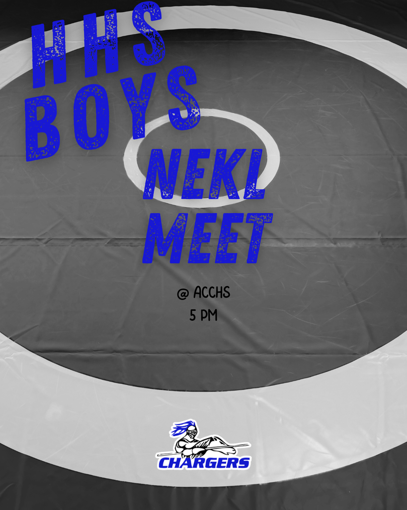 Graphic with blue and white text on a gray background. Text reads "HHS Boys Neki Meet" and includes Charger logo.