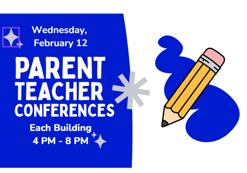 Blue sign with white text reading "Parent Teacher Conferences" and date. An orange pencil rests on a blue cloud.