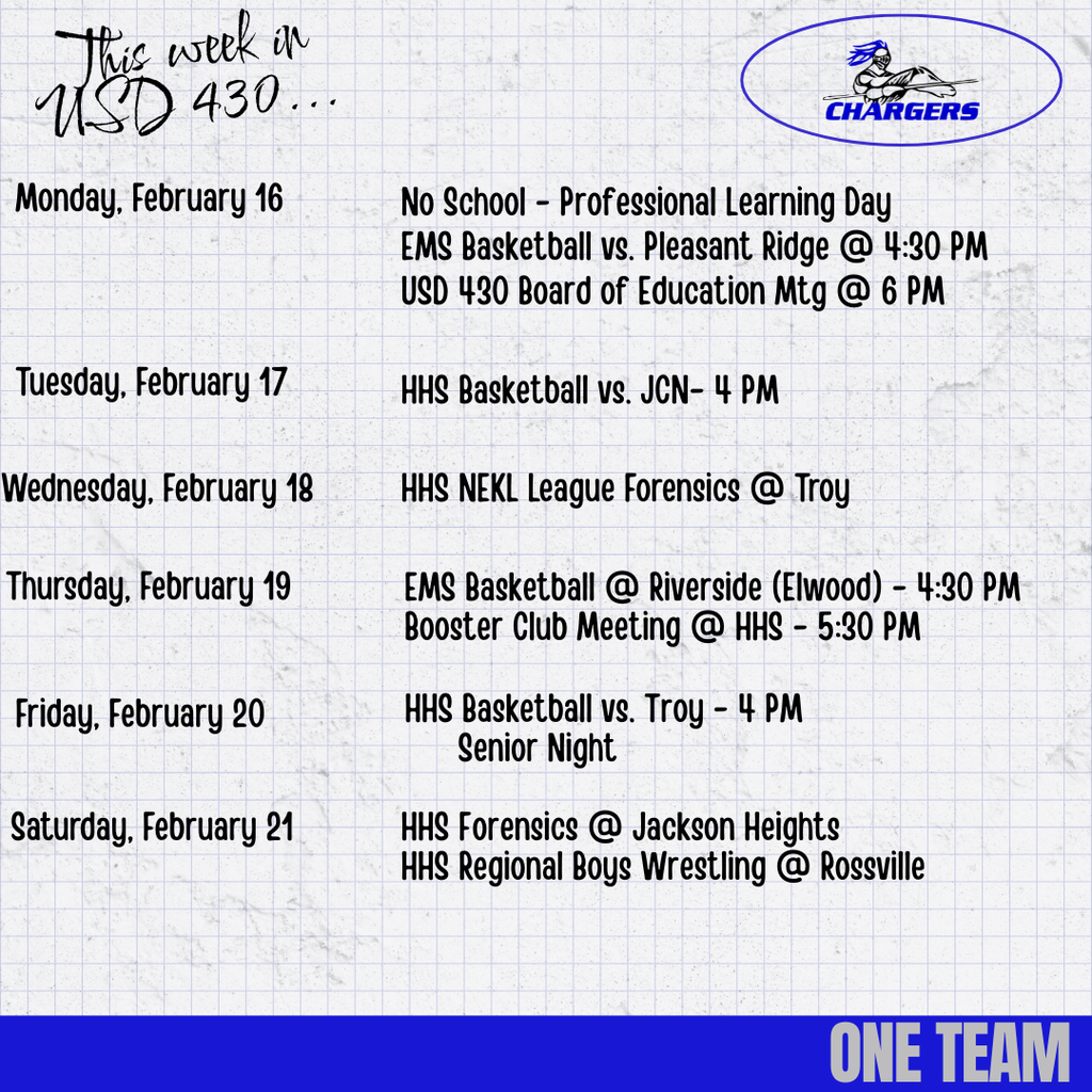 Weekly schedule for USD 430 from February 16 to 21, including basketball games, meetings, and a wrestling event.