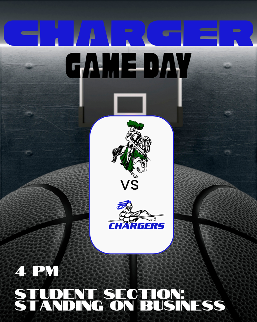 Advertisement for Charger game day shows a basketball court, a basketball, and logos for Chargers. The game starts at 4 PM.