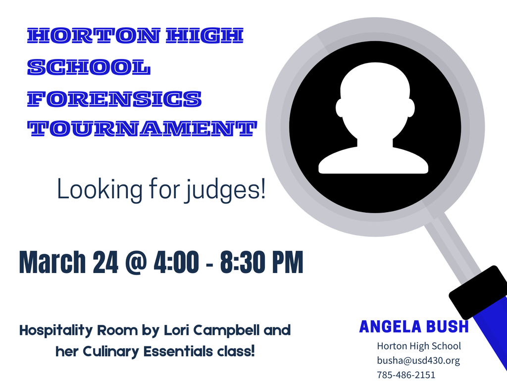 An advertisement poster has "Horton High School Forensics Tournament" at the top. It invites judges for the event on March 24 from 4:00-8:30 PM.