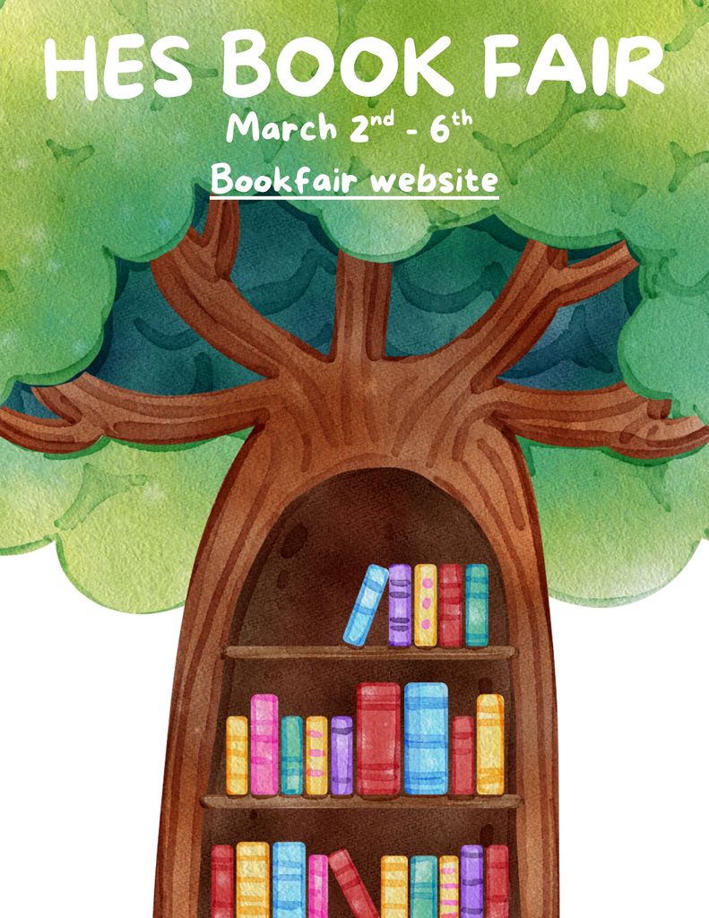 Book fair poster. Tree trunk with bookshelves. Books in various colors. Dates: March 2nd - 6th.