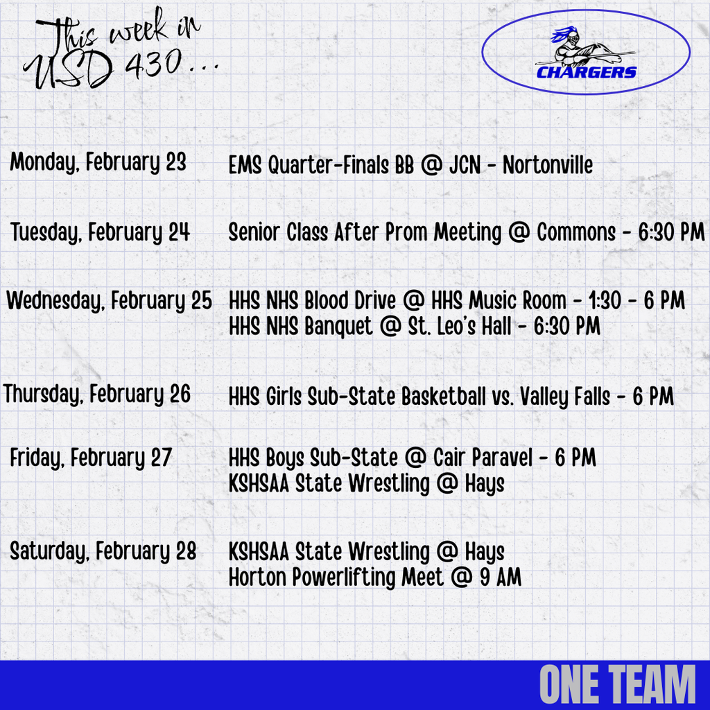 Schedule for week in USD 430. Includes EMS Quarter-Finals, Senior Class After Prom Meeting, NHS Blood Drive, and more.