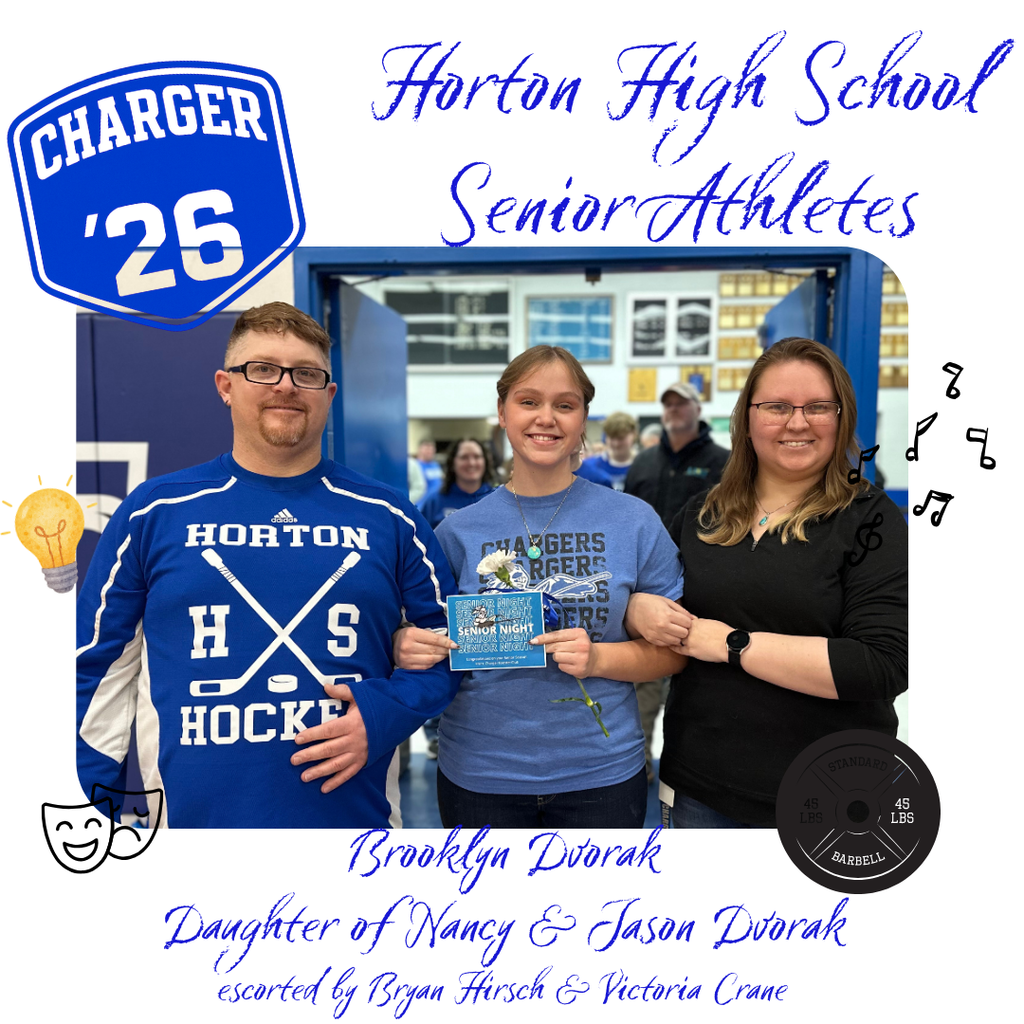 Three people hold a trophy; a girl in blue stands between two adults. They are in front of a blue Charger sign.