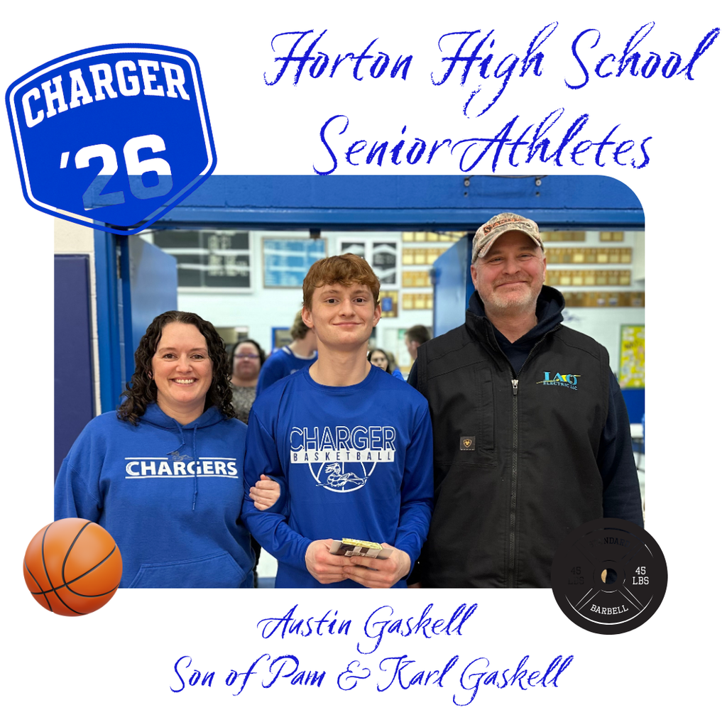 Three people pose in front of a blue Charger sign, with a basketball and a barbell.