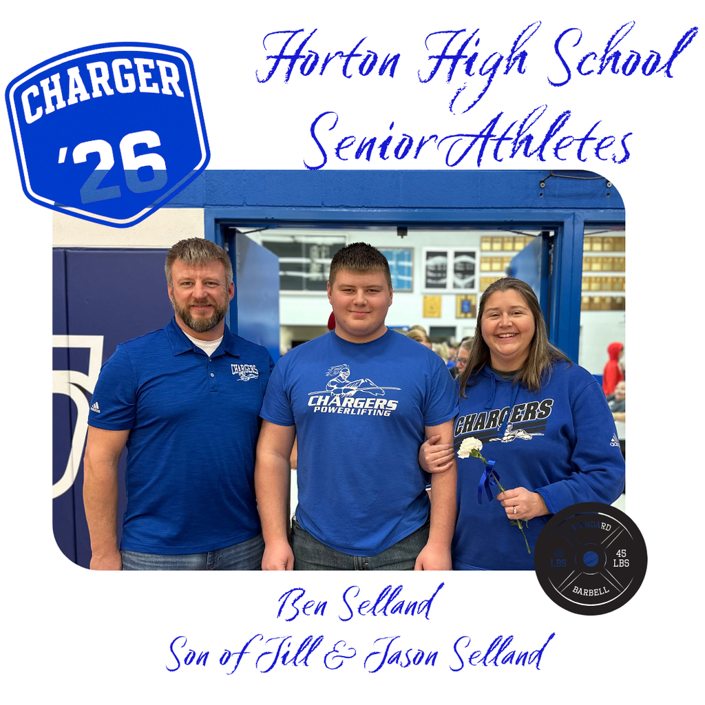 Three individuals stand in front of a blue door, wearing blue shirts with the word Chargers. They are likely athletes, with one holding a flower.