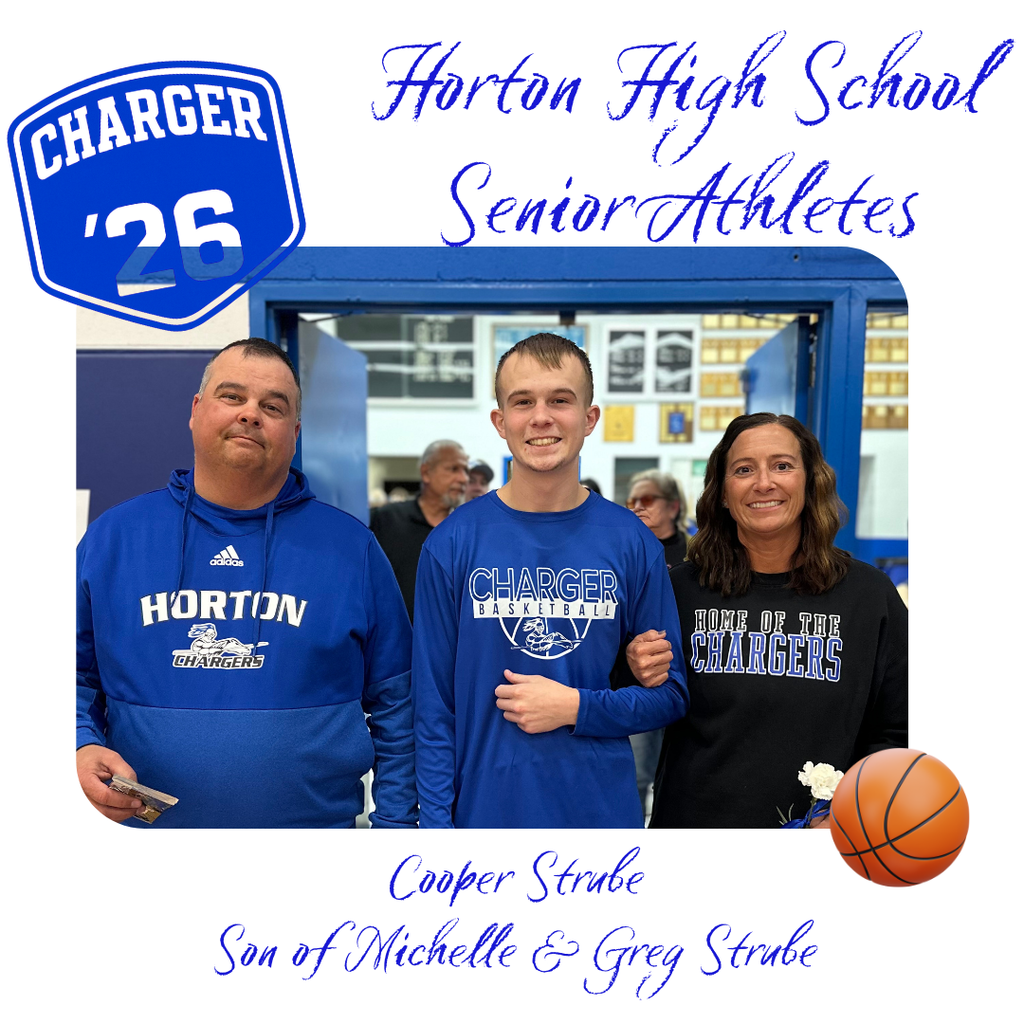 Three people stand in a gym, with a basketball in the foreground. Two are wearing blue hoodies, and one is in black.