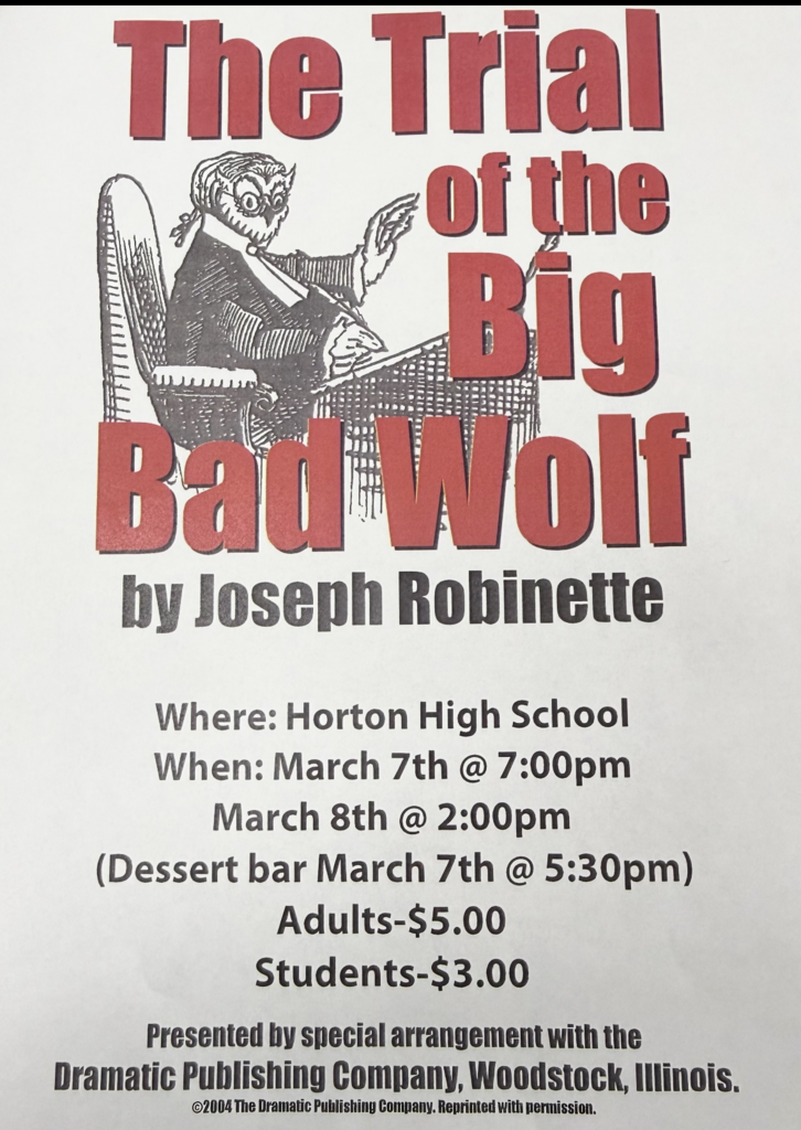 White background with bold red text. Title reads "The Trial of the Big Bad Wolf". Image of a wolf with a gavel. Dates and times of the event, location, and cost.