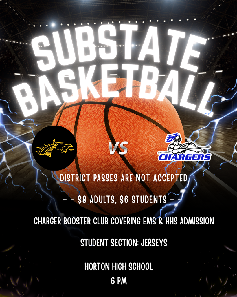 Basketball game poster with lightning and a basketball. Teams are "Substate" and "Chargers". Admission: $8 adults, $6 students.