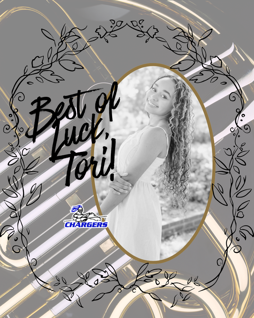 Black and white image of a woman smiling, surrounded by gold Chargers logo. Text reads "Best of Luck, Tori!"