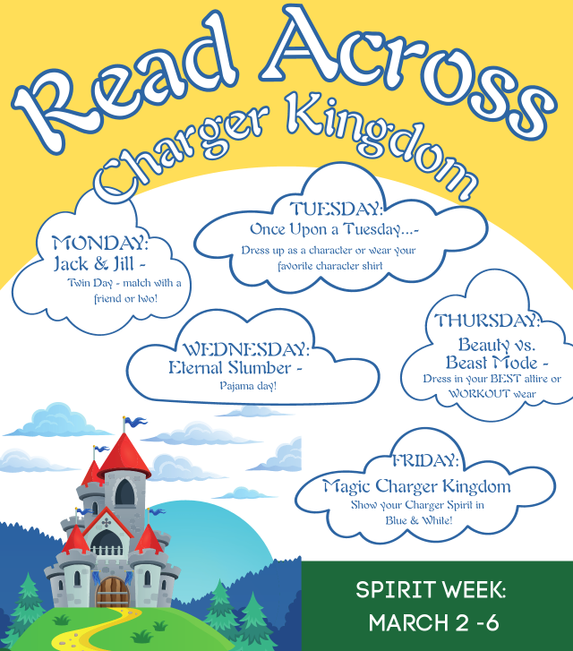 Poster for Read Across Charger Kingdom Spirit Week, March 2-6. It lists themes for each day.