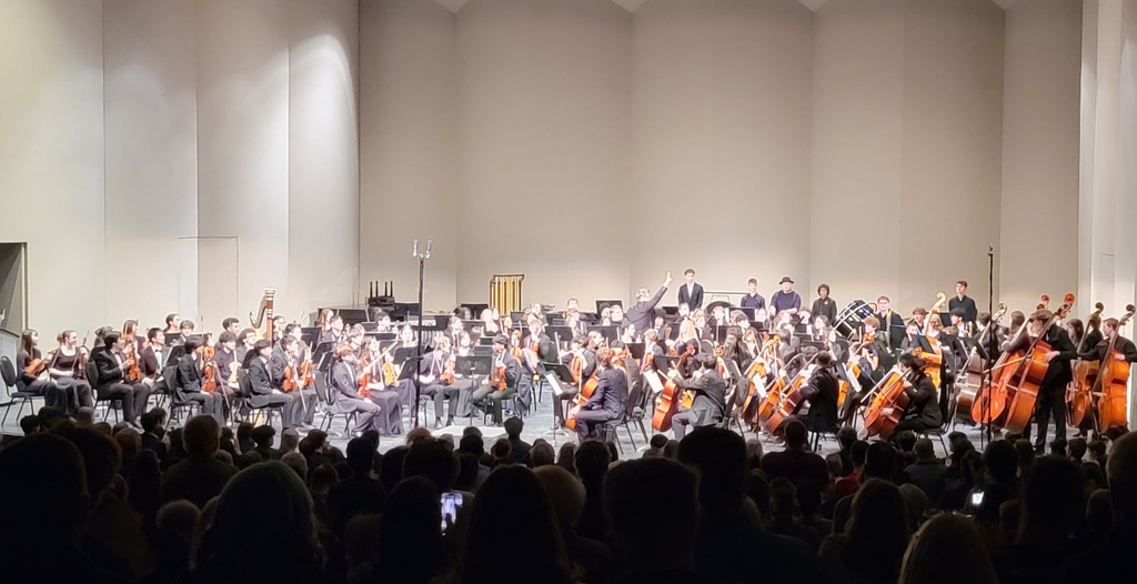 Symphony orchestra performs with string and brass instruments on stage in a large hall, audience seated.