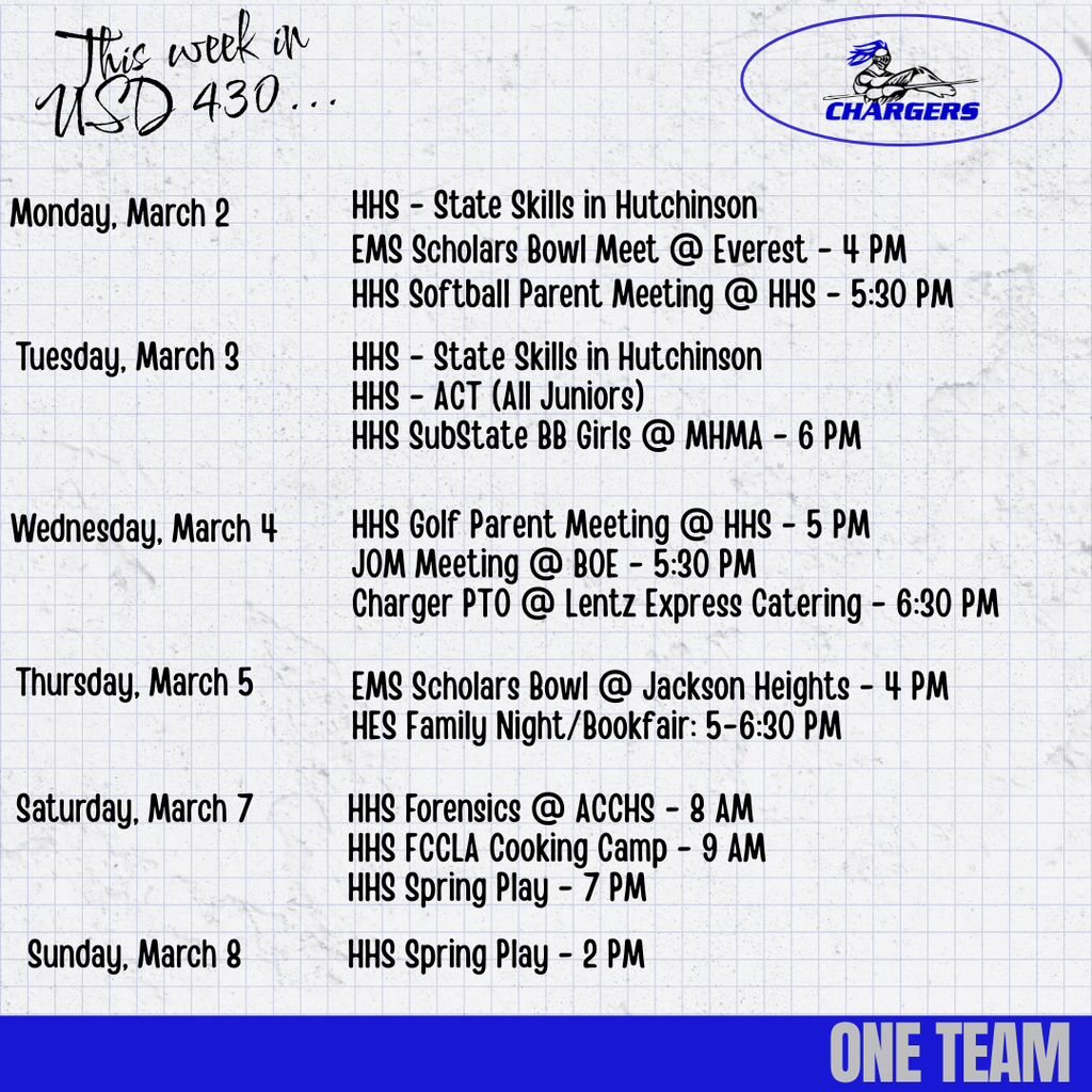 A calendar page shows events for March 2-8. It includes details for school activities, meetings, and sports.