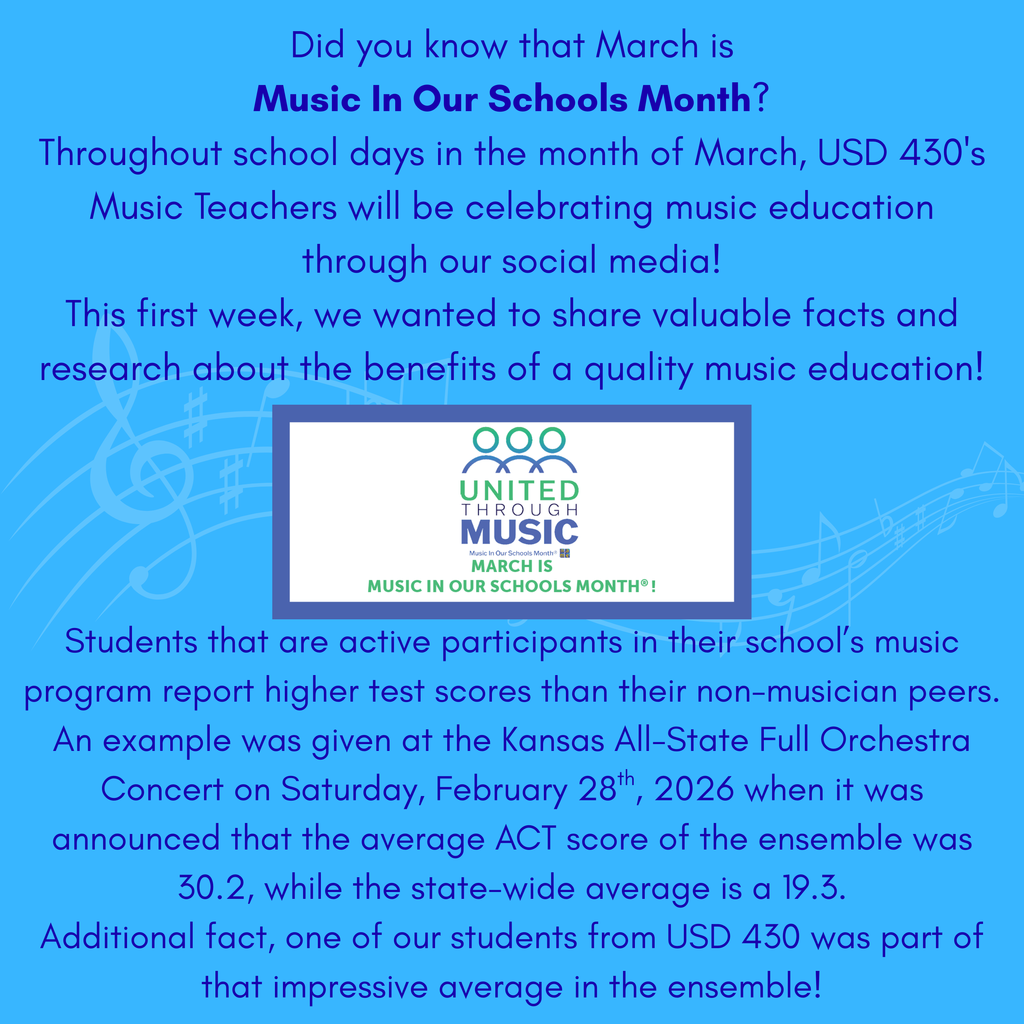 A blue background displays text about March being Music in Our Schools Month, highlighting benefits of music education. Logos and text are centered.