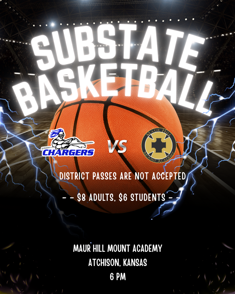 A basketball game announcement featuring two teams, Chargers and another, at Maur Hill Mount Academy, Atchison, Kansas.