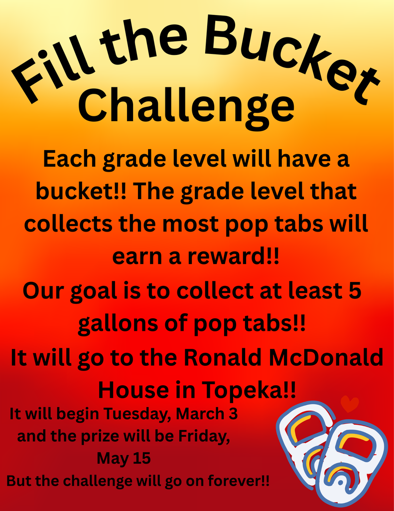 Bright red and yellow background with text. "Fill the Bucket Challenge" at top. Below, a description of the challenge.