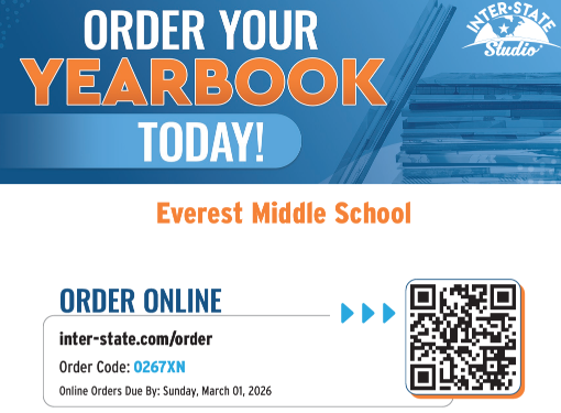 Advertisement for yearbooks with a blue background, bold text, and a QR code for online ordering.