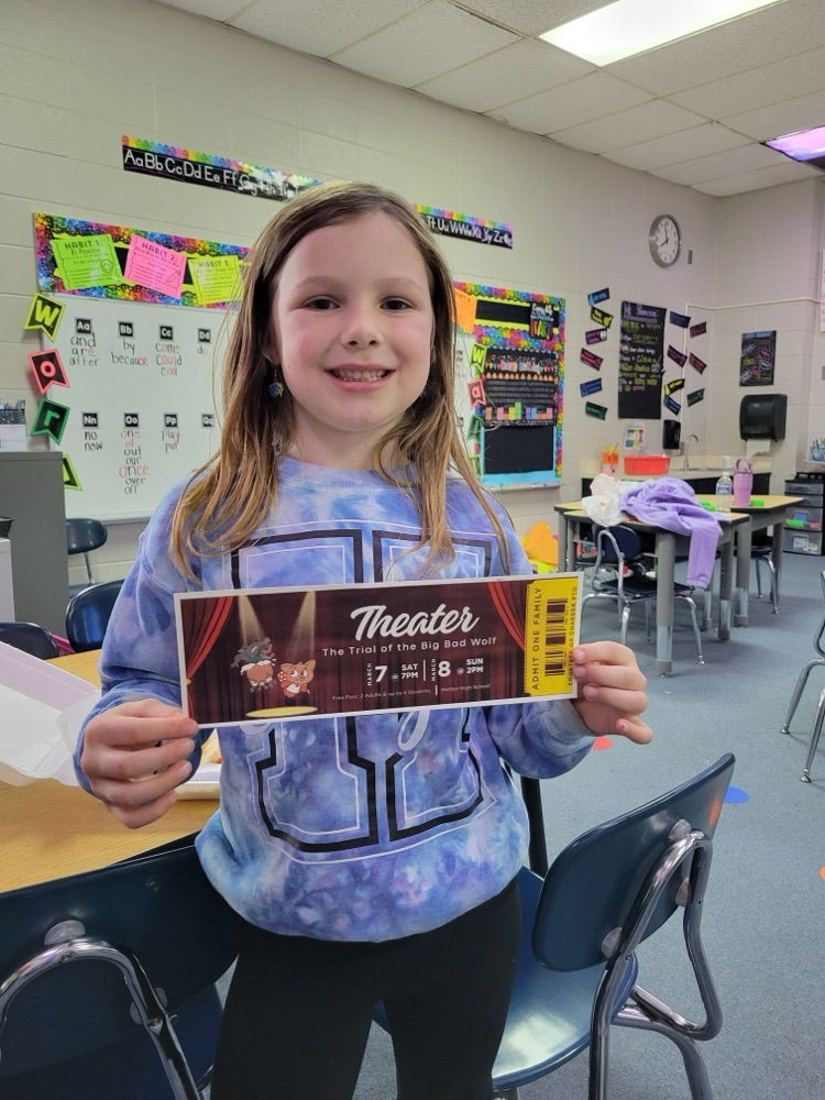 Congratulations to 1st grader Maggie! She attended last night HES Family Night and was drawn to win the family pass to this weedend's play, The Trial of the Big Bad Wolf! 