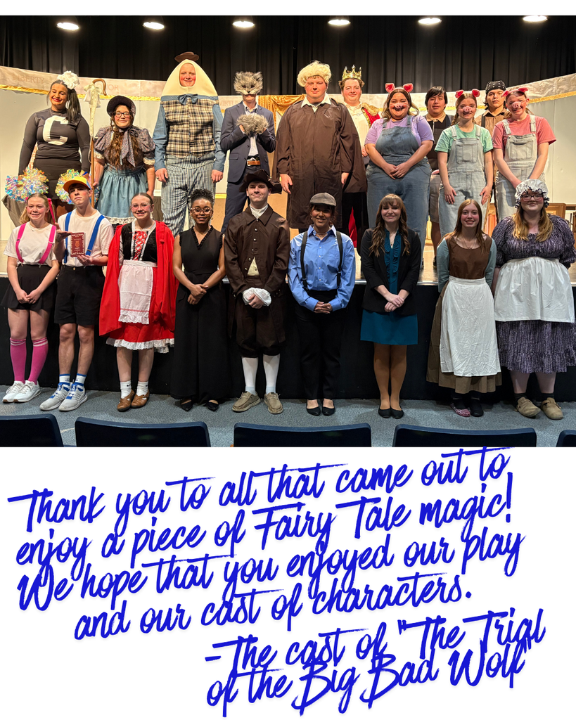 People on stage, dressed in various costumes, posing for a group photo. A banner says, "Thank you to all that came out to enjoy a piece of Fairy Tale magic!"
