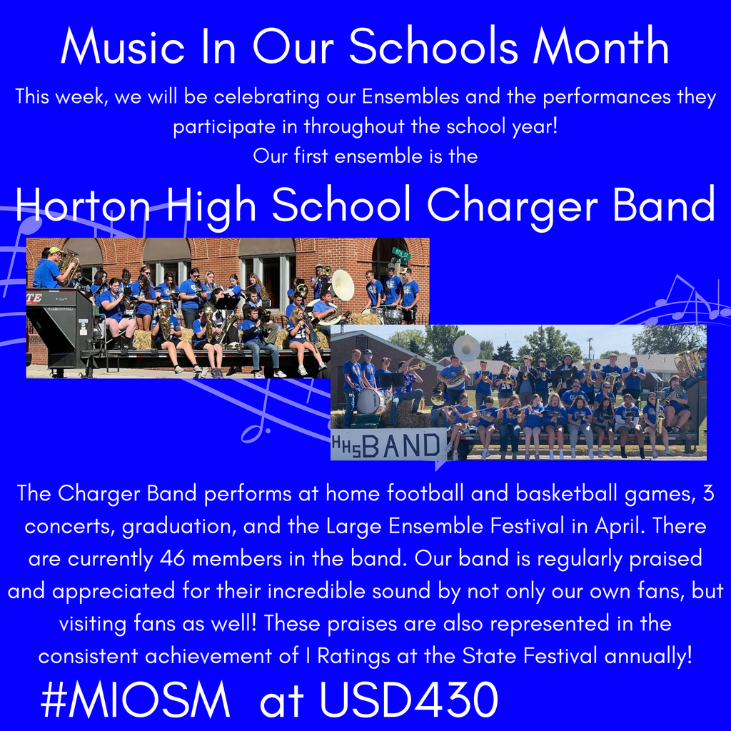 Blue poster with text about Music in Our Schools Month. Photo collage of the Horton-High School Charger Band in blue uniforms.