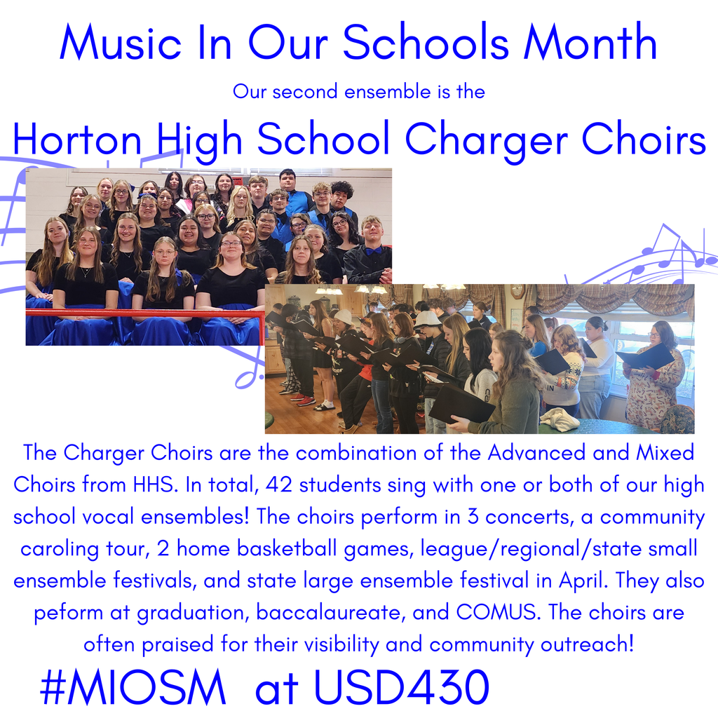 A poster with two photos, one of students singing, and another of students performing. Text reads: "Music In Our Schools Month, Horton High School Charger Choirs."