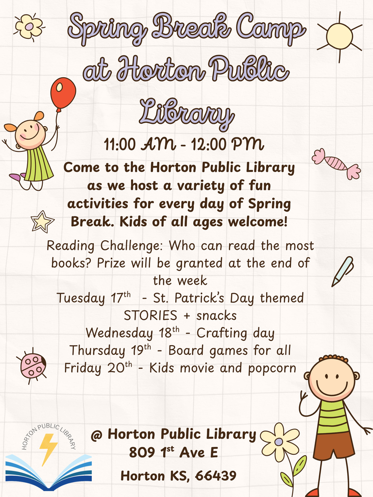 Flyer for Spring Break Camp at Horton Public Library. Features a child with a balloon and another child holding a flower.