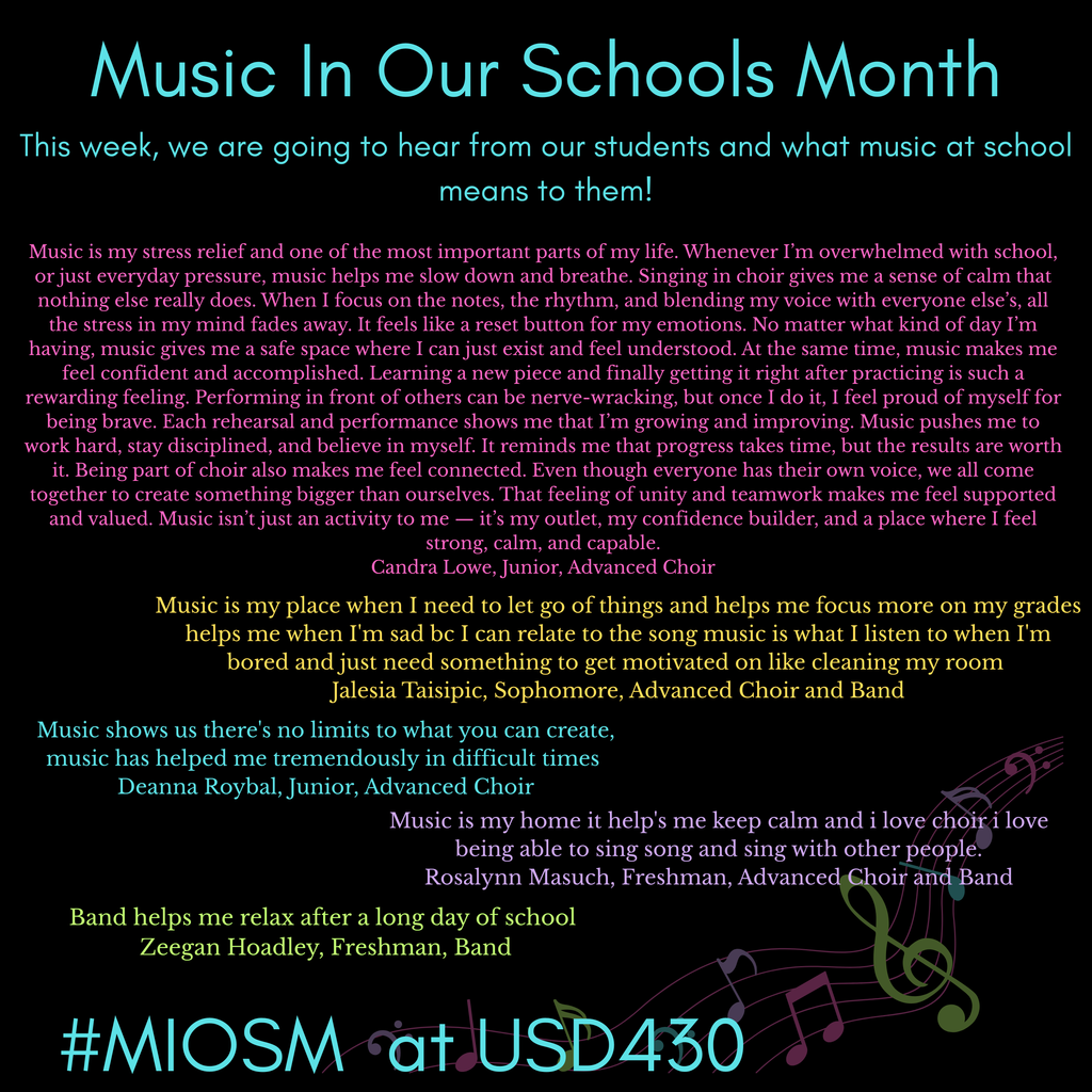 Text about music's impact on students, quotes from students, with musical notes, and a hashtag at the bottom.