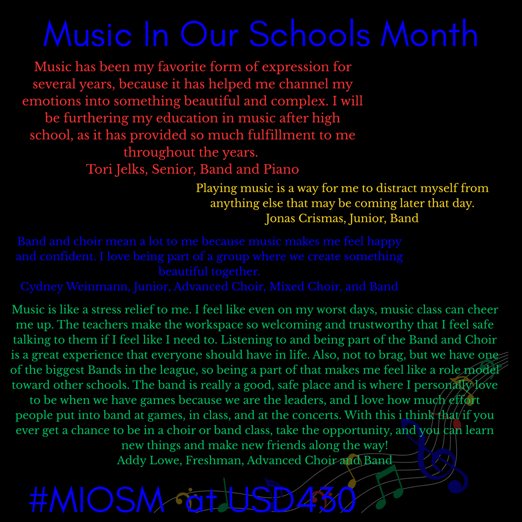 Text in various colors with black background. Statements from students about the impact of music in their lives.