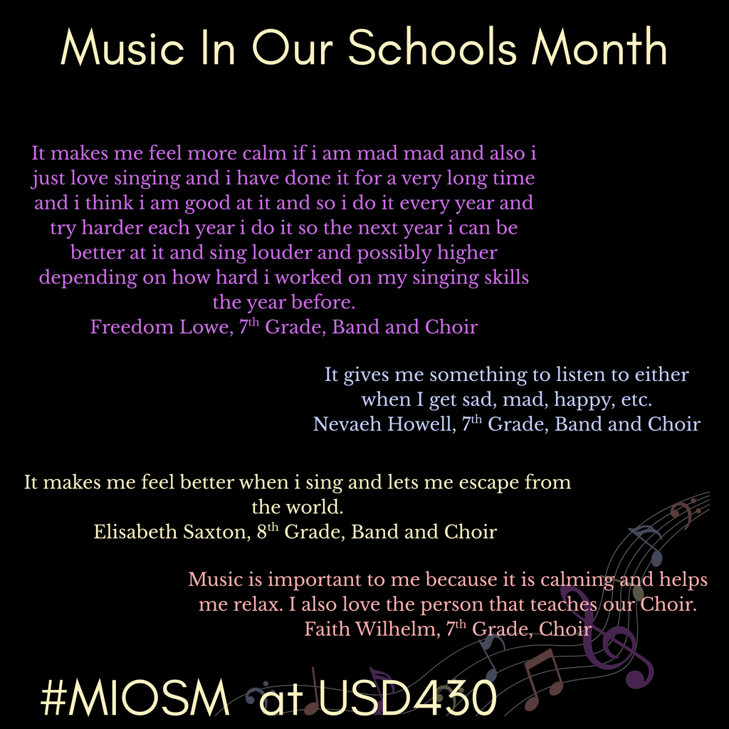 Text and music notes displayed on a black background. Quotes from students about music.