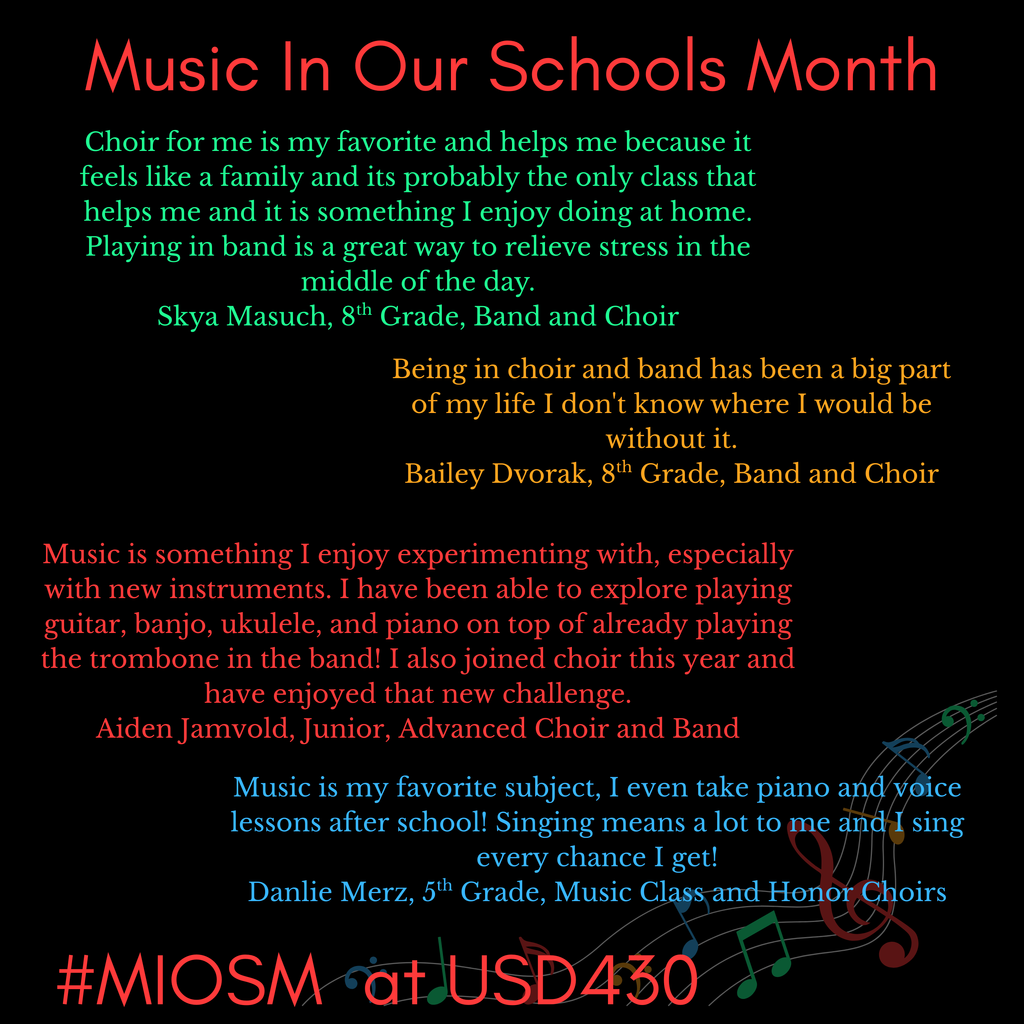 A poster with a black background displays quotes from students about their music experiences in school. Names and grades are listed with quotes.