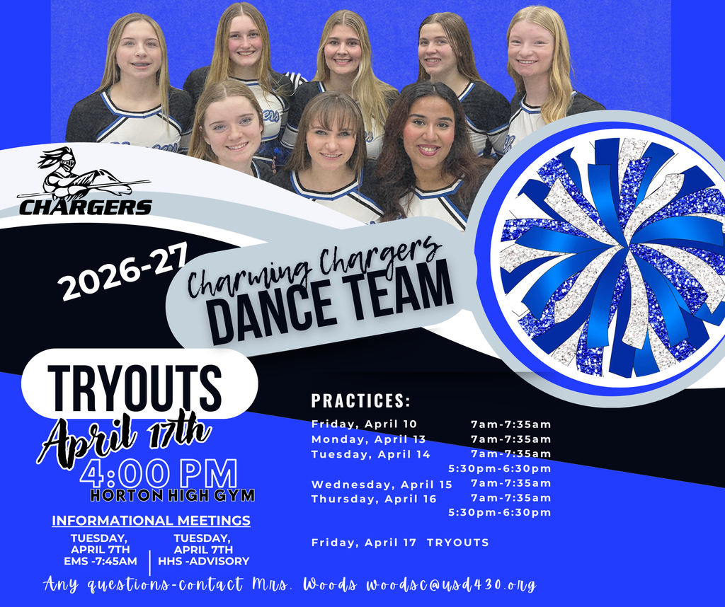 A poster with a team of cheerleaders has "Chargers 2026-27 Dance Team" in blue and white. It lists tryout dates, times, and meeting info.